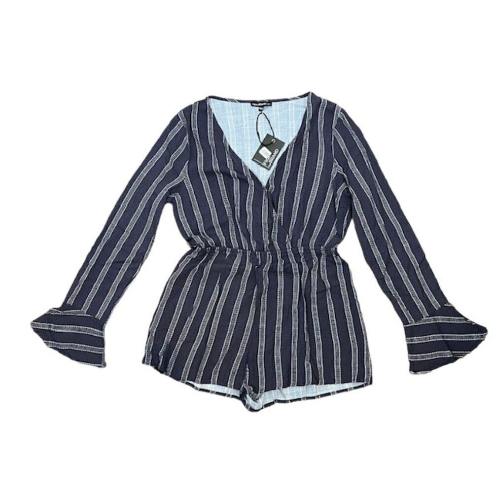 NWT Fika the Brand Short Romper Navy Stripe Elastic Waist Bell Sleeve M
